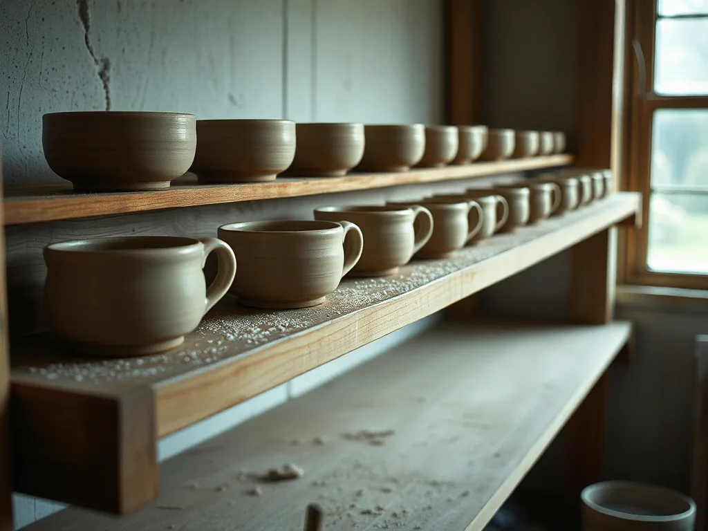 Wheel thrown bowls and mugs drying in rows on a plank shelf in a pottery studio, clay dust on the wood.