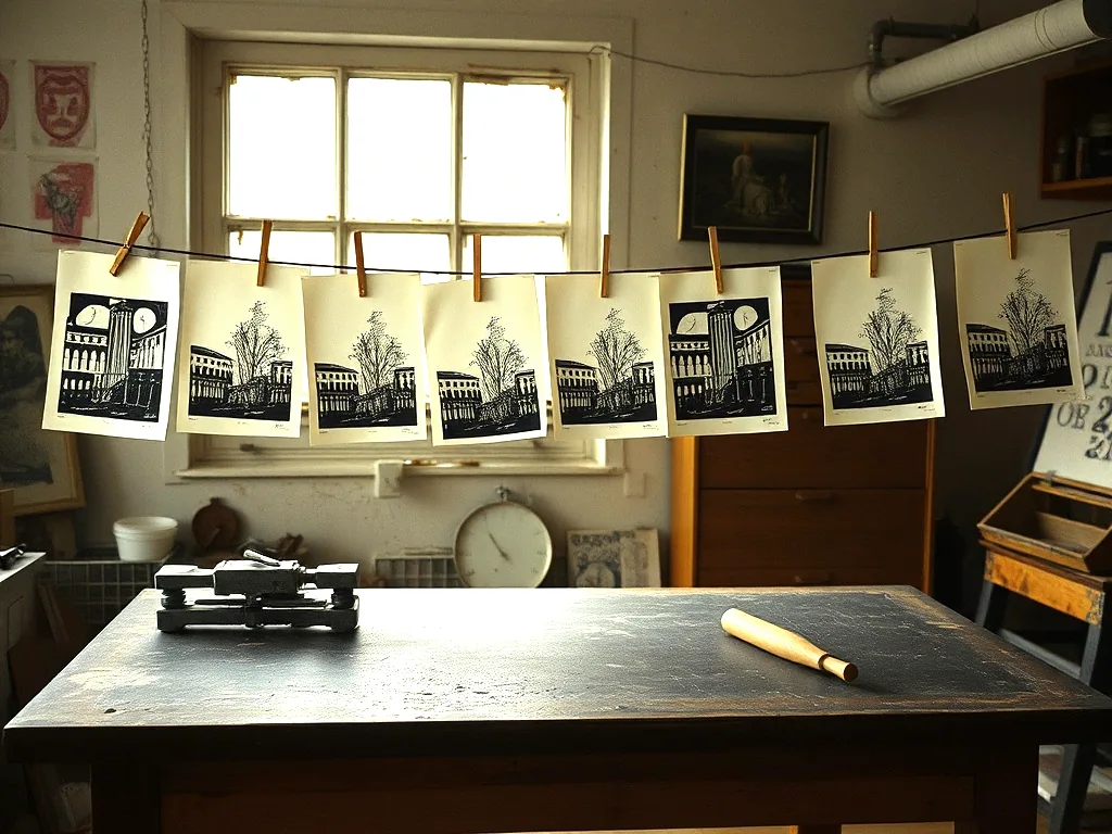 Freshly pulled linocut prints pegged on a line to dry above a work table with an ink slab and a roller.
