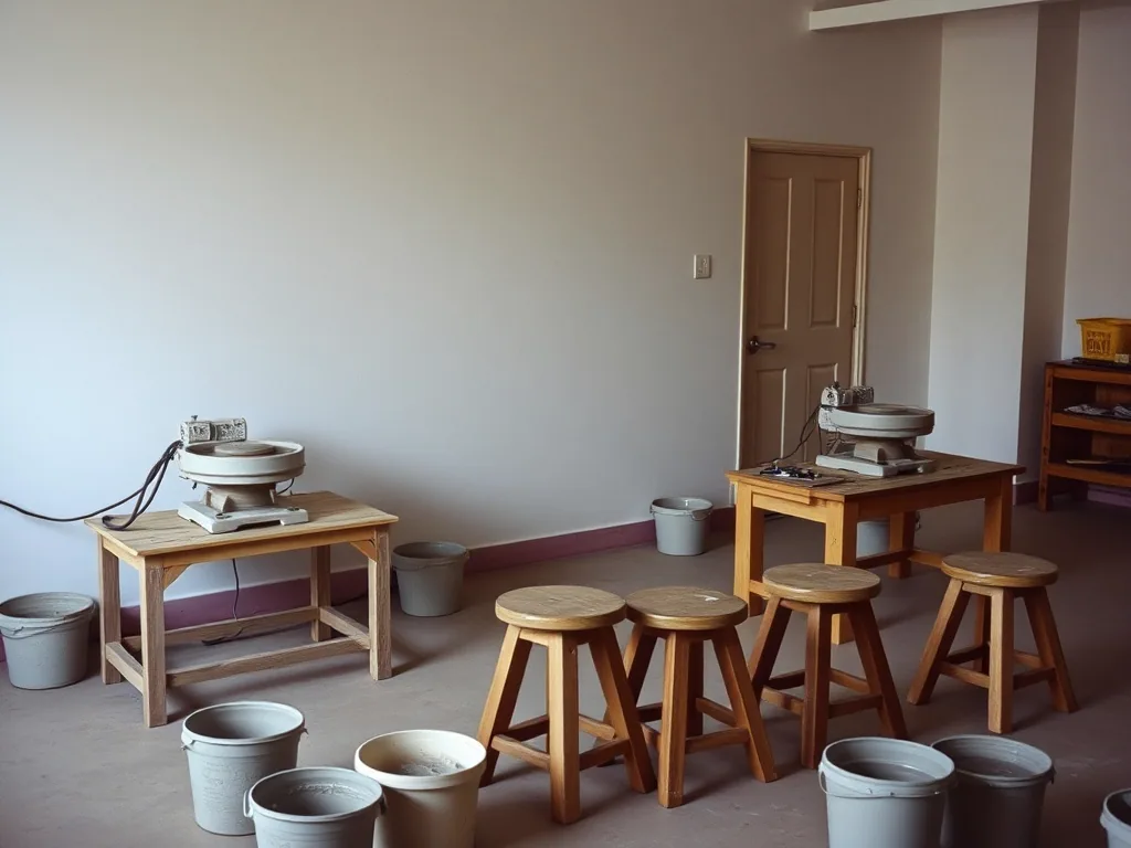 Two electric potters wheels on wooden benches with stools pulled up and buckets on the floor, an empty classroom.